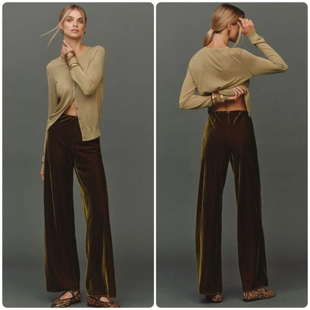 Anthropologie Velvet Pants Womens XL Moss Green Wide Leg Crushed Pull On Tilda - Picture 1 of 11